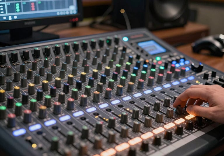 An artist sharing their music on social media, surrounded by headphones and speakers.