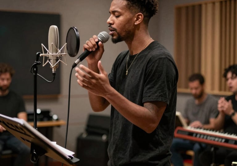 A cozy home studio setup with a keyboard, microphone, and mixing console glowing warmly.