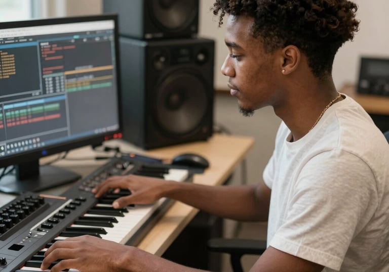 Close-up of hands playing acoustic guitar strings in a cozy studio.
