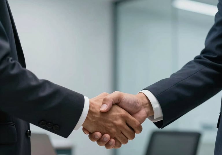 A handshake between a business professional and a client in a modern office setting, light blue lighting, South American / Brazilian context.