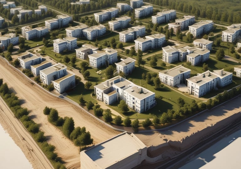Close-up of hands reviewing blueprints with a coastal home in the background.
