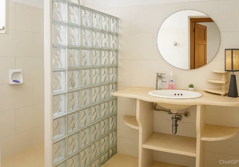 Modern bathroom featuring a glass block shower wall, round mirror, and a minimalist stone vanity.