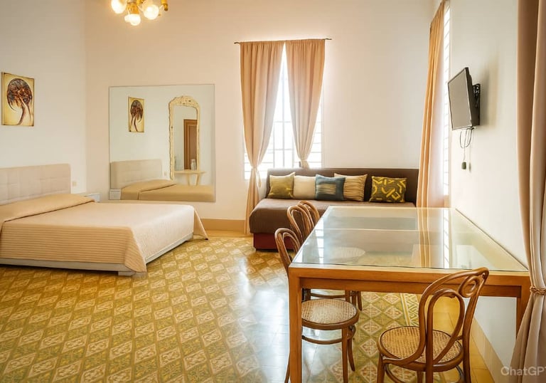 Spacious studio apartment with a bed, glass dining table, sofa, and vintage tiled flooring.