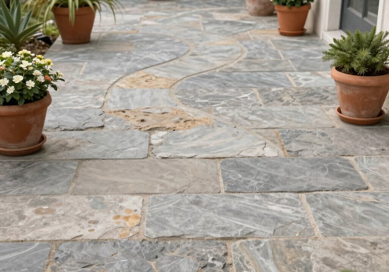 An outdoor bathroom featuring natural stone and elegant fixtures under open sky.