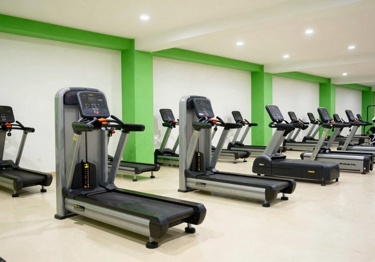 Clean, minimalist gym interior in Abuja featuring high-end cardio equipment, bright and energetic atmosphere with electric green accents and off-white floors, West African / Nigerian urban style.