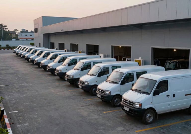 A fleet of delivery vehicles lined up neatly outside a modern logistics hub in an Indian city at dawn, showing scale and readiness.