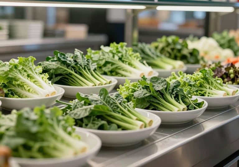 A view of a modern canteen's fresh salad station with a variety of green vegetables, served in elegant bowls. Bright lighting, showcasing the #597368 brand color through healthy greens.