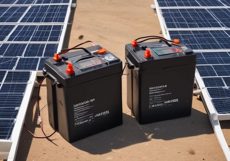 Solar panels with battery storage units installed on a rooftop.