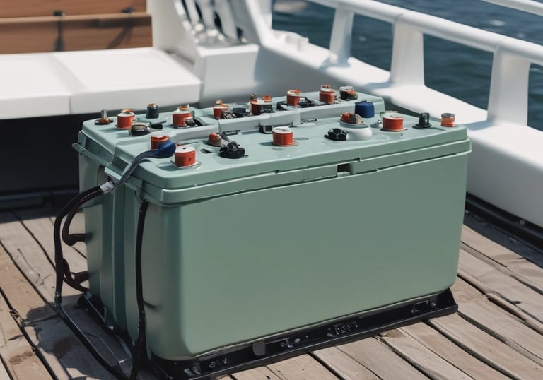Boat battery installed on a small marine vessel, ready for use.
