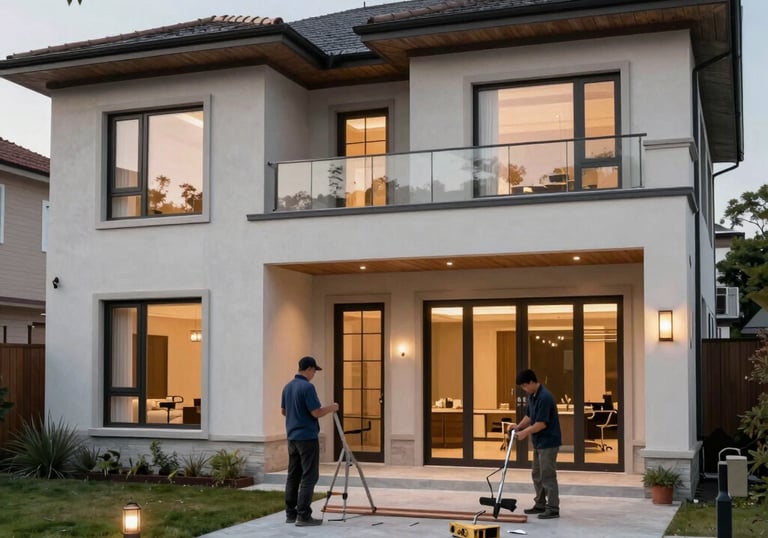 Close-up of a craftsman carefully repairing a wooden window frame in a bright, modern home.