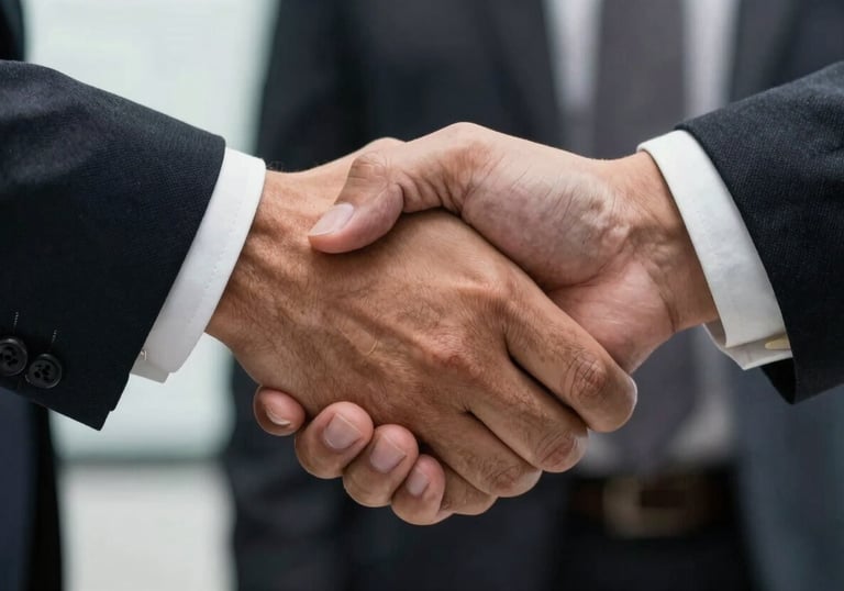 Close-up of a professional handshake in a South American / Brazilian corporate environment, symbolizing trust and business agreement.