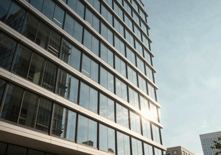 Sunlight streaming through the glass windows of a modern, energy-efficient North American / US corporate headquarters, professional lighting.