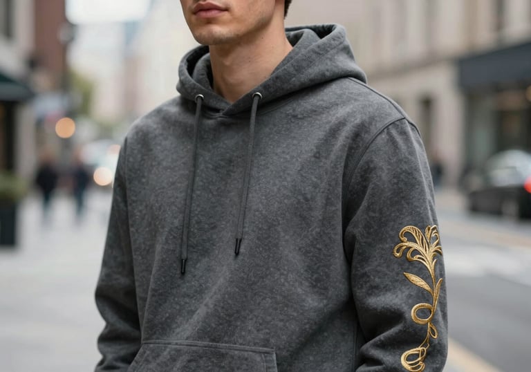 A close-up of a model wearing a charcoal #2C2C2B hoodie with elegant gold #C7B5A0 embroidery on the sleeve. Soft focus on the urban background.