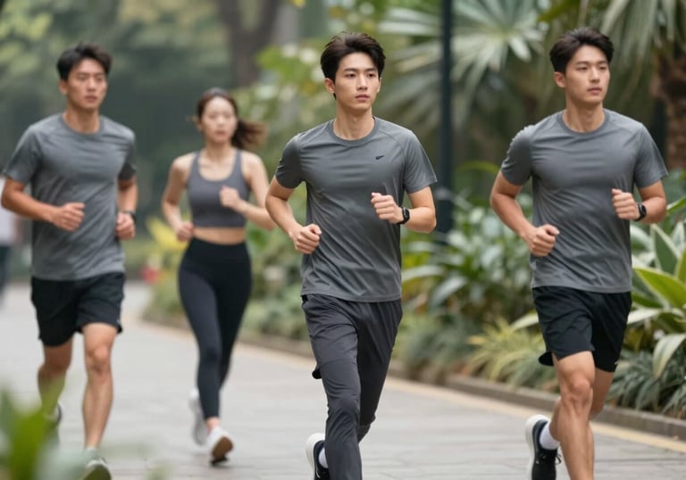 Modern urban joggers in #7A6F62 worn by a model walking through a botanical garden path, showing movement and fabric drape. Clean streetwear aesthetic.