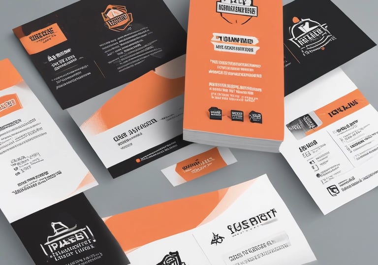 Close-up of colorful printed flyers and business cards on a wooden table.