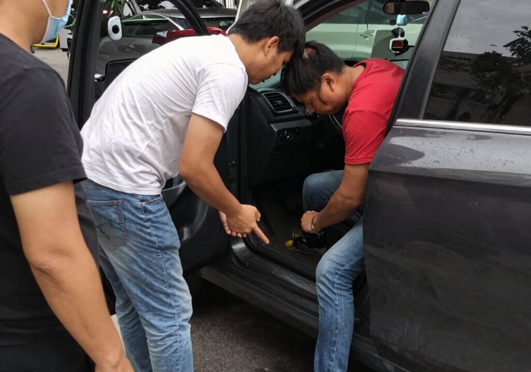 Close-up of a technician repairing a car key fob with precision tools.