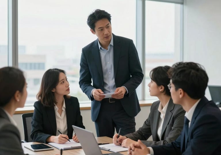 A professional setting in a bright, modern US office with large windows, where a team discusses strategic objectives in a sophisticated atmosphere.