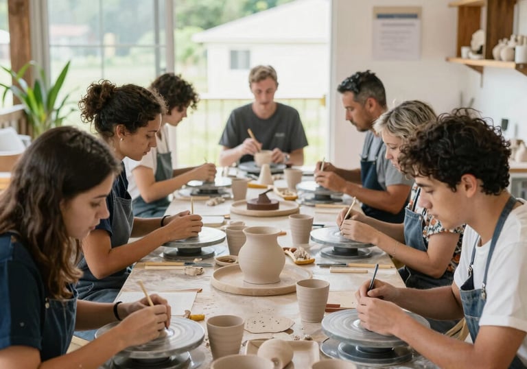 A lively group of ceramists sharing ideas around a table filled with clay pieces.