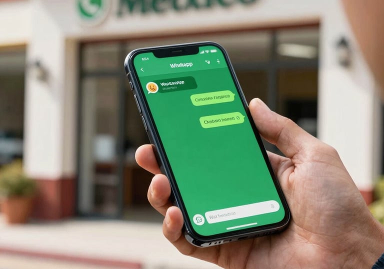 A professional photograph of a person's hand holding a smartphone with a green WhatsApp chat window open, showing a customer inquiry about a local service. The background is a clean, sunlit Mexican business.