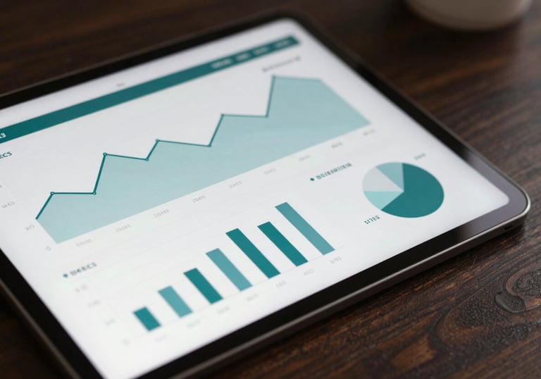 A close-up of a digital tablet displaying financial analytics and charts on a dark wooden desk, incorporating #263238 and #B0BEC5.