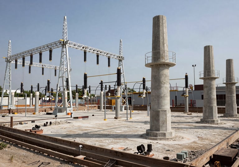 A wide shot of a massive industrial cimentación project under construction for a substation, showing scale and engineering authority.