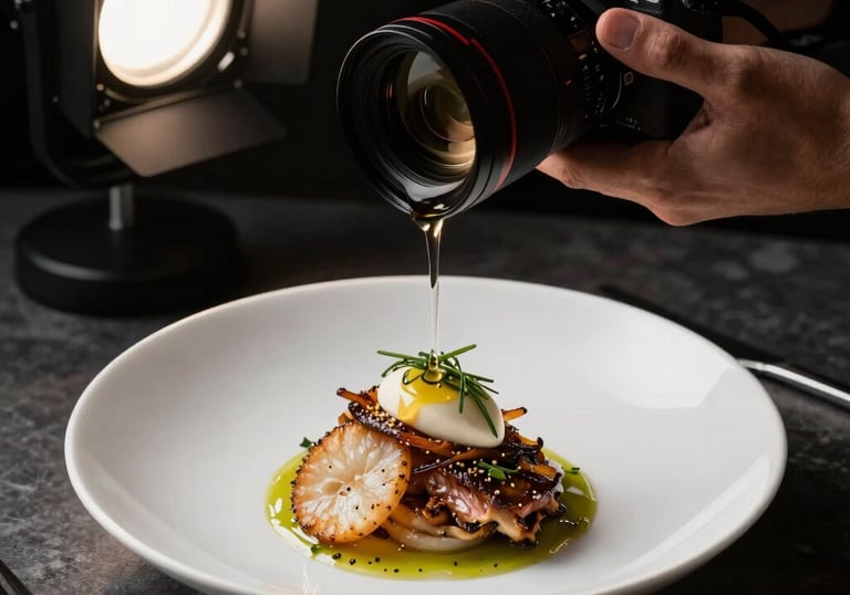 A photographer capturing a high-contrast shot of gourmet food in a North American restaurant setting, professional studio lighting, sophisticated atmosphere.