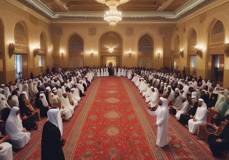 A vibrant cultural symposium with people sharing Arabic traditions and language experiences.