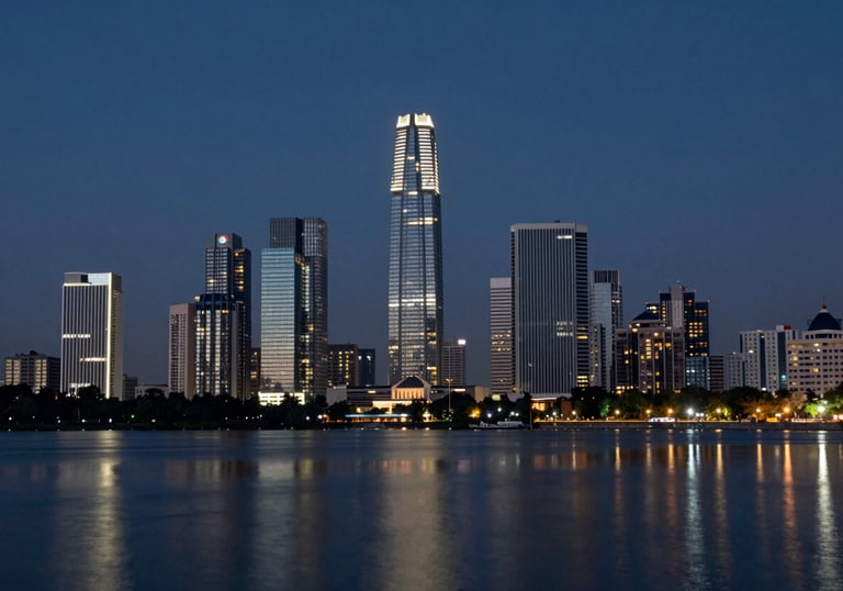 A sharp, clear image of a modern city skyline in Faridabad at night, with illuminated buildings reflecting in a still body of water. The mood is sophisticated and prosperous, utilizing the brand's dark and muted blue tones.