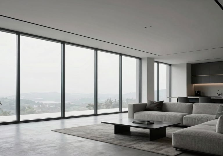 A photo of a minimalist, modern living room with floor-to-ceiling windows and clean architectural lines.