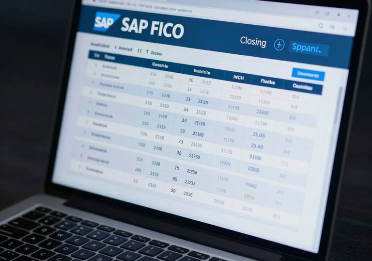 Close-up of hands analyzing financial data on a laptop with navy blue corporate branding.