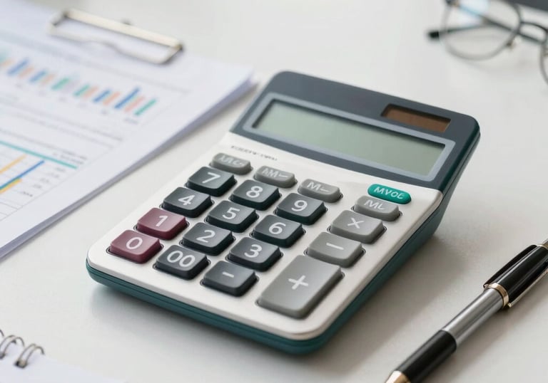 Close-up of hands calculating budgets with a calculator and financial documents.