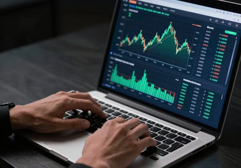 A calm workspace with a laptop displaying financial graphs and notes.