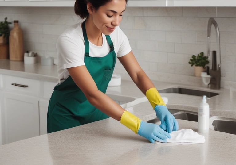 A smiling cleaner dusting a cozy living room with sunlight streaming through the windows.