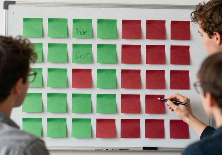 A creative team brainstorming around a table; colorful Post-it notes in Matte Forest Green and Deep Ripe Crimson are arranged on a white board.