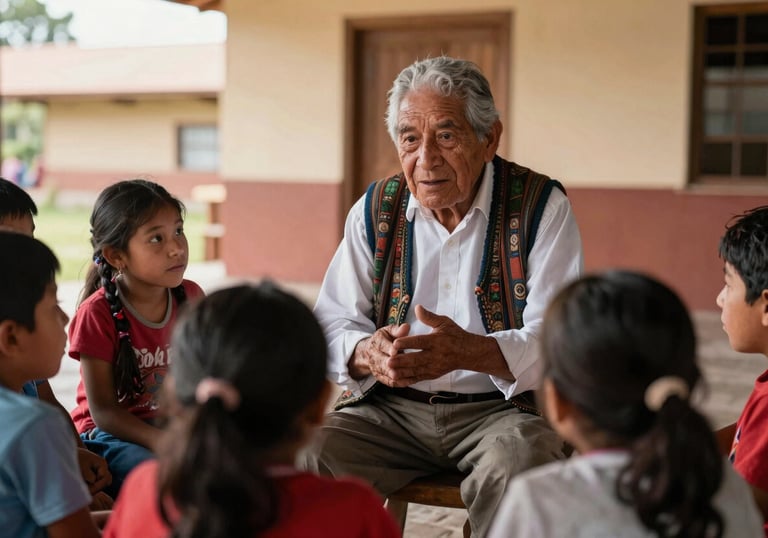 A documentary-style photo of an elder telling a story to children at a South American / Brazilian / Bolivian cultural center. Soft afternoon lighting, warm atmosphere, professional composition.
