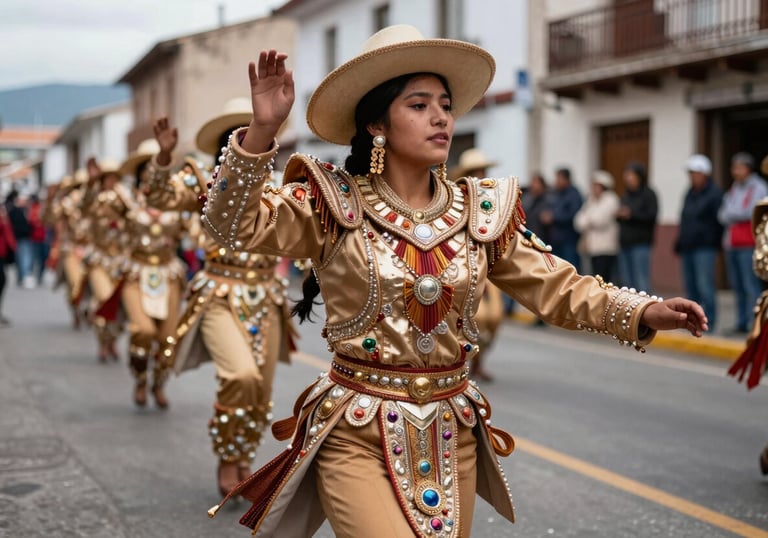 A vibrant photograph of a traditional Bolivian dancer performing Caporales in a street parade in a South American / Brazilian / Bolivian city. The focus is on the intricate, shimmering costume with metallic and warm tan details.