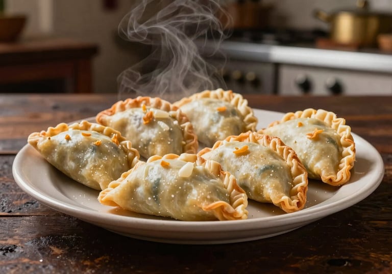 A professional food photography shot of fresh Bolivian salteñas on a rustic dark coffee wooden table. A warm, inviting South American / Brazilian / Bolivian kitchen setting with steam rising.