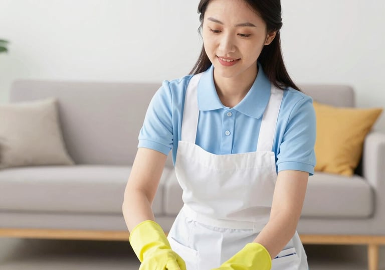 A bright, tidy living room freshly cleaned with sunlight streaming through the windows.