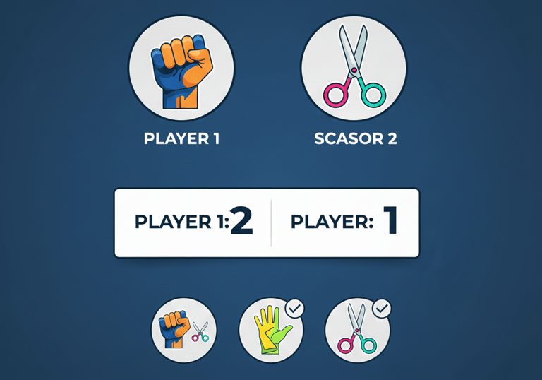 Rock Paper Scissors scoreboard, Player 1 score 2, Player 2 score 1, Interactive Game, Kawi Bawi Bo