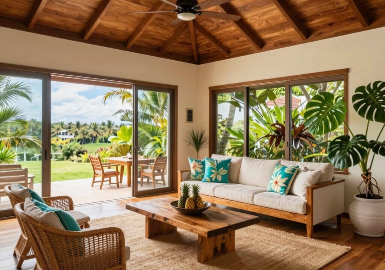 A serene oceanfront luxury home in Kona with palm trees swaying under a golden sunset.