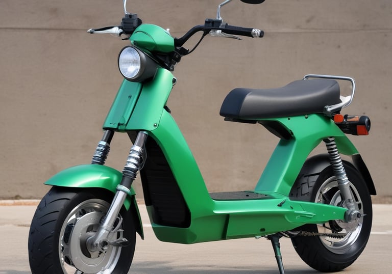 Technician repairing an electric scooter with tools, surrounded by warm green and brown hues.