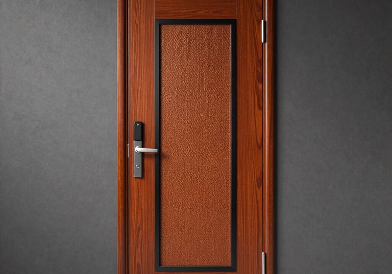 Close-up of a sturdy fire-resistant door installed in a modern building.