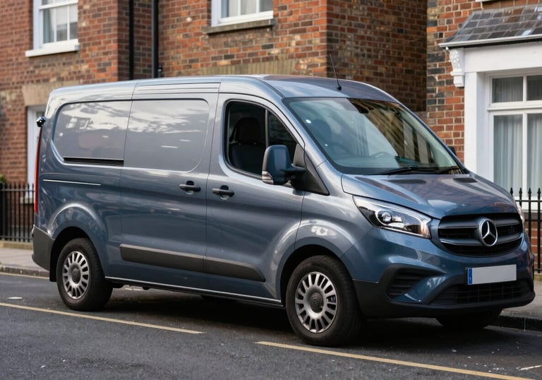 A modern locksmith service van with subtle dark blue and silver branding parked on a tidy British residential street.