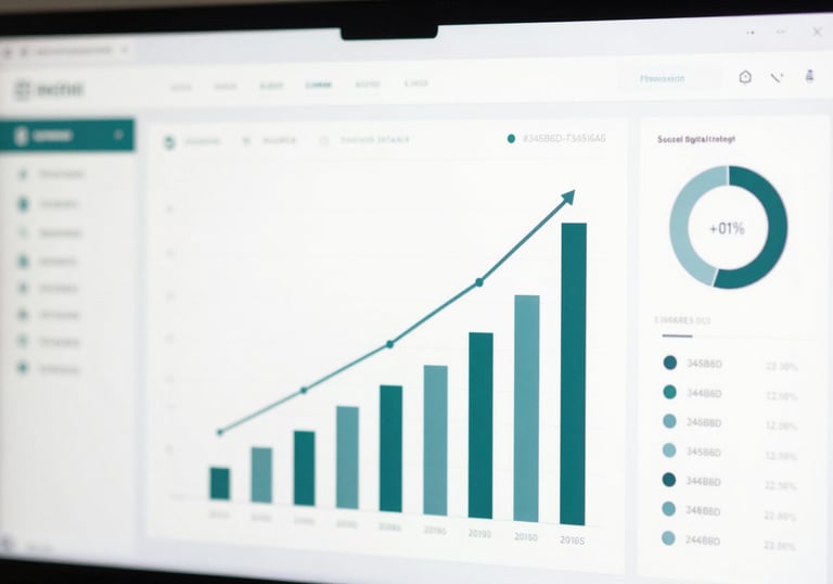 A professional data dashboard showing upward growth trends on a screen, with a color palette of #345B6D and #8FA8B4, representing successful digital strategy.
