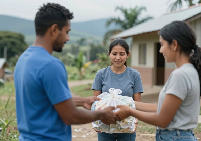 A community distribution of food and aid in a rural Colombian setting, emphasizing empathy, support, and hope, with the palette using mid-blue #2E8BC0 and natural olive #8C9A4D.