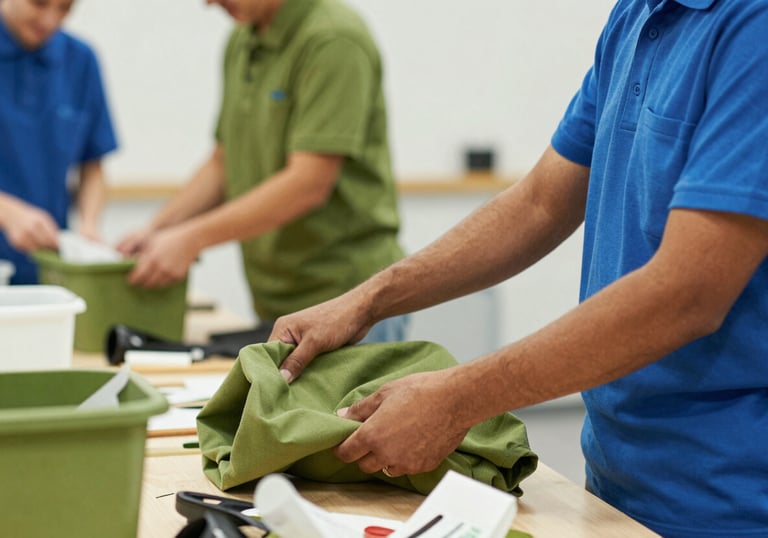 A person organizing recycled materials in a community workspace, focused and hopeful atmosphere, clean environment, colors highlighting olive green #8C9A4D and professional blue #2E8BC0.