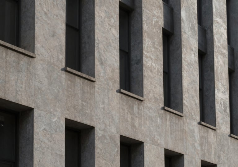 An abstract photography shot of architectural lines and shadows on a muted stone gray concrete wall in a North American / European city building.
