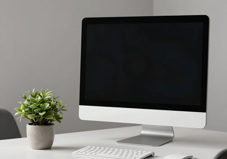 A minimalist office set-up with a high-end desktop monitor and a small potted plant on a clean white desk. Modern and sophisticated. Spanish-speaking / Global.