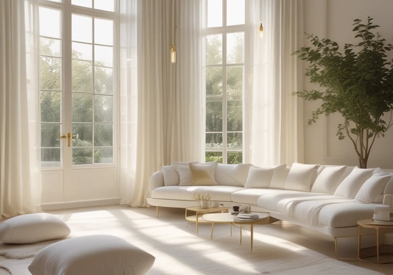 Soft golden light streaming through sheer white curtains in a serene room.