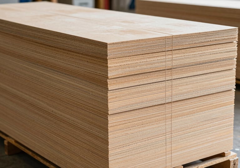 A clean, organized stack of premium drywall sheets inside a bright North American / US warehouse, showing the brand's commitment to quality.